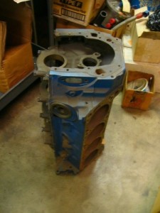 This is the Cleveland block that a customer from Indianapolis had filled with a fiberglass resin. The engine never got through the ­quarter-mile. The cylinders were wacked out of round so bad that the pistons grabbed the cylinder walls above the ring package. Note the tapped hole for a drain cock, two inches below deck. Unfortunately, this poor old block just sits around and rusts. I fear to resize the cylinder or replace sleeves for fear that the resin may react again.