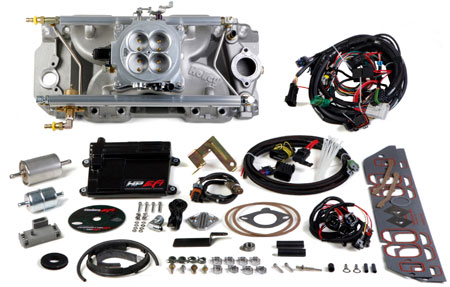 EFI systems such as this one from Holley come equipped with 4 programmable inputs and 4 programmable outputs and is billed as the replacement for a 950 carb. It fits most vehicles with up to a single power adder.