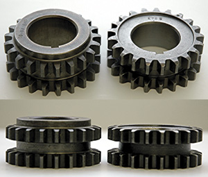 figure 1 the differences between the timing gears for ford 4.6l and 5.4l engines are shown. at left, the tall gears used with the stamped steel trigger ring. at right, the short gears are used with the pm wheel.