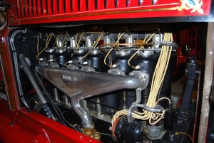 The exhaust side of a 1921 Ahrens-Fox six-cylinder T-head gas engine.