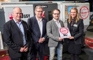 The 150,000th Haas CNC machine, a DS-30SSY, is handed over to its new owners, Claesson Engineering, at the Manufacturing & Automation Expo (MAX) in Stockholm, Sweden, March 19, 2014. Pictured from left to right: Henrik Olsson, Sales Director, Haas Factory Outlet, Edströms Maskin AB; Alain Reynvoet, Managing Director, Haas Automation Europe; Fredrik Claesson, Managing Director, Claesson Engineering AB; Kristin Alexandersson, Haas Factory Outlet, a Division of Edströms Maskin AB.