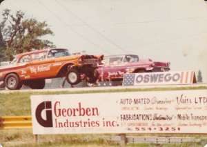 Animal Jim's Big Animal ‘57 Mercury in 1975, Oswego, IL. The Big Animal, which Jim still has, is powered by a FE 427 Ford Tunnel Port. Left lane is Frank Marshall in his Daddy's Thing ‘58 Chevy, 427 powered. From the book “Lost Drag Strips/Ghosts Of Quarter-Miles Past.” Photo by Brent Fregin.
