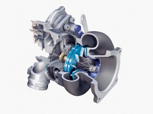 A turbocharger utilizes a single-stage radial-flow or "centrifugal" compressor (air pump), as seen on the left of this cutaway from Borg-Warner. 