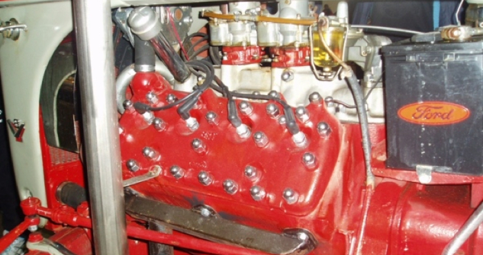 Here is a close-up view of the V8 conversion. The original engine in an 8N Ford tractor was a 30 hp 4-cylinder motor which was a recycled Model A Ford car engine used from 1928 through 1931.