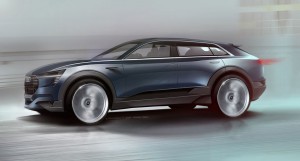 The Audi e--tron quattro is being developed to compete with Tesla's Model X electric vehicle. This artist concept shows the all-electric SUV, expected to be released in 2018.