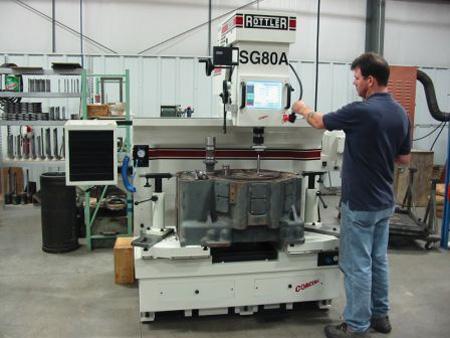 this large sg80a cnc seat & guide machine is cutting a very large valve seat in the head of a natural gas compressor. large diameter hard valve seats are very difficult to cut and require automated cnc control to be able to cut to precise finish and accuracy. 