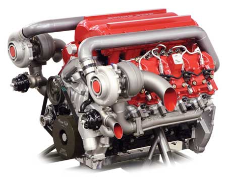Most performance diesels run at least one turbo, or two, such as this Banks 6.6L Duramax twin-turbo (sport truck build) with marine water-to-air intercooler.