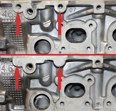 Figure 3 The cylinder head on the top has the bolt holes drilled and tapped for the alternator bracket when used. The head below does not but both have the same casting number. To avoid potential warranty issues drill and tap all heads.