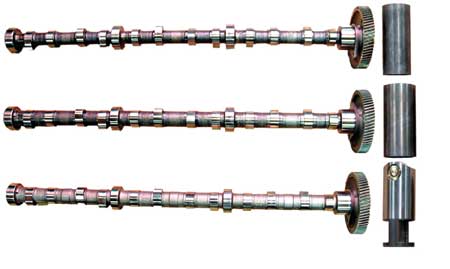 figure 5 - this photo shows all three camshafts and lifters used in the dt466 during its life. at the top is the 1.00? flat lifter. the second one down is the 1.25? flat lifter and the bottom camshaft is the roller lifter camshaft and lifter combination.
