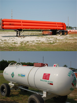 The multiple liquid hydrogen tanks carry the same volume by weight of hydrogen as in the much smaller single tank of anhydrous ammonia.