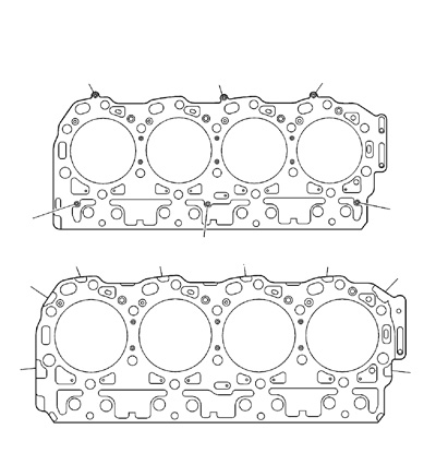 The second generation head gasket for the GM 6.6L Duramax Diesel can be identified by its riveted construction (shown by black circles). The first generation gasket was crimped, at the places indicated in the lower gasket.