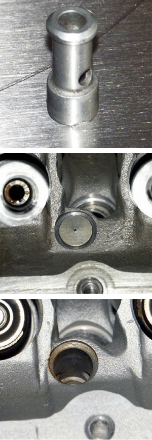 figure 1 some ford 2.0l  engines use a valve to direct and restrict the oil in an internal oil gallery within the head. if this component is mis-located or comes out of its bore entirely, valve train noise and oil pressure loss will occur. 