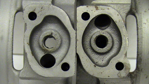 GM oil pump installation: hole drilled through cap. Right: blind bolt hole.