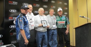 John Force and Robert Hight dropped by the Performance Engine Builder of the Year award ceremony to pose with NVR Racing. 