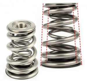 Conical valve springs are wound progressively tighter toward the top. This reduces the mass of the spring for less harmonics, and allows the use of less spring pressure for the same RPM. Dual conical springs don’t touch and run cooler (courtesy of Comp Cams). 