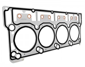 The surface of this Ford 6.0L Powerstroke MLS head gasket is uncoated but has raised sealing beads around all critical sealing areas.  It also has pushrod protection eyelets as an added feature (courtesy Fel-Pro).