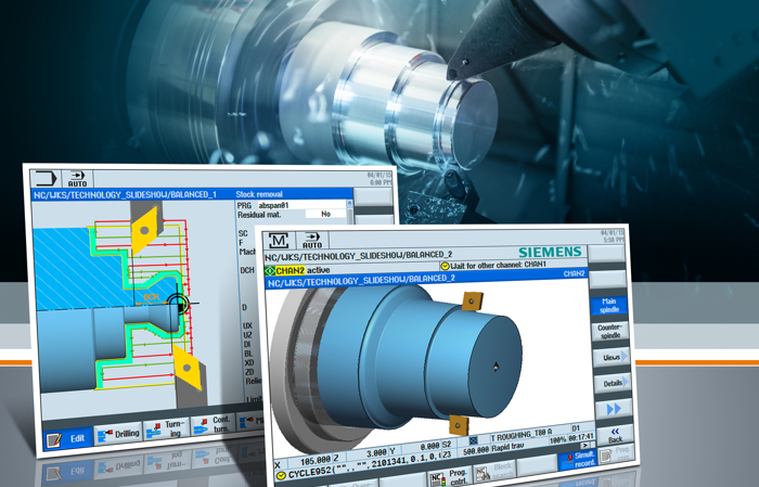 The expanded contour machining cycle for Siemens Sinumerik CNC controls now facilitates 4-axis turning on lathes. Two turning tools opposite one another machine the workpiece simultaneously, enabling the machining time to be significantly reduced.
