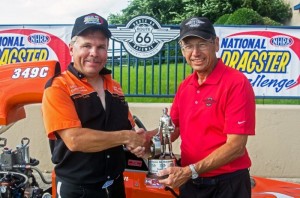 Winner Circle picture from last year shows Rt; 66 Raceway  (Joliet, Ill.) Super Pro Champion and Driver of the Year, Jay Allen, from Utica, IL. Presenting an Ollie is track manager Manager Charlie Lindsey (right).   Photo courtesy Of Terry McGraw Photography.