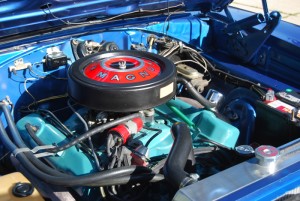 Get the engine color right. Mopar performance engines are usually orange, but turquoise is correct for this ’68 Dodge Charger Magnum V8.
