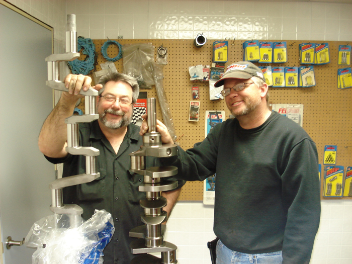 Gessford Machine’s Neil Groff (left) and Bert Wright (right) unwrap a 1910 5.25” stroke Velie car crank and a Scat Billet 4.375” stroke for a 526 cu. in. Ford 427 FE.