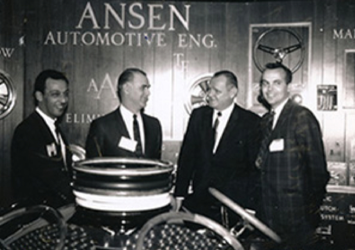 After entering a partnership with Jack Andrews, in 1947, Senter (second from left) changed the name of his business from Senter Engineering to Ansen Automotive Engineering.